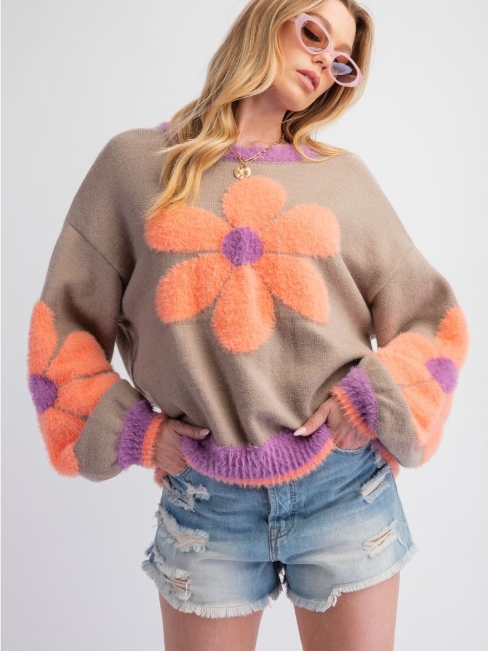 NEW Fabulous Boho Daisy Pattern Relaxed Fit Pullover Knit Sweater
